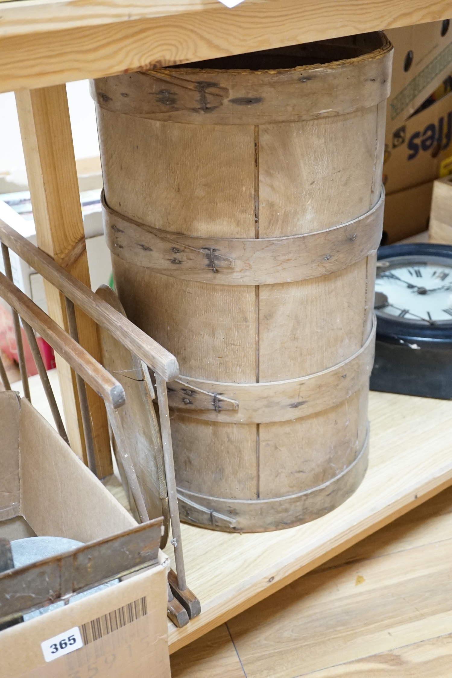 A collection of early 20th century galvanised gardening implements, three tinplate grocer's signs and sundries and a toy clothes horse etc., tallest 58cm high. Condition - fair, some wear and use